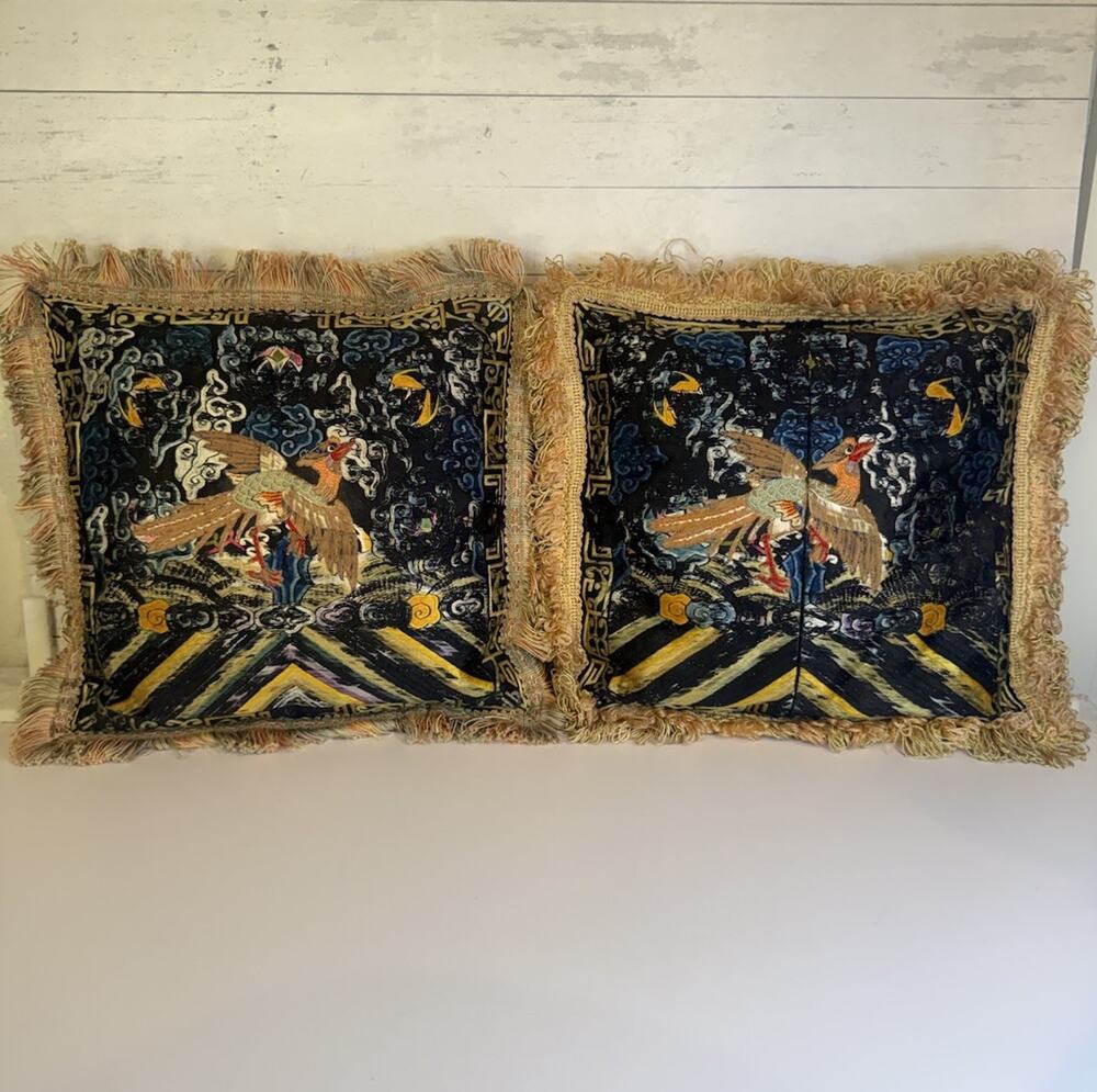 Vintage Chinese Embroidered Bird Rank Badge Pillows Possibly Silk Pair 12”